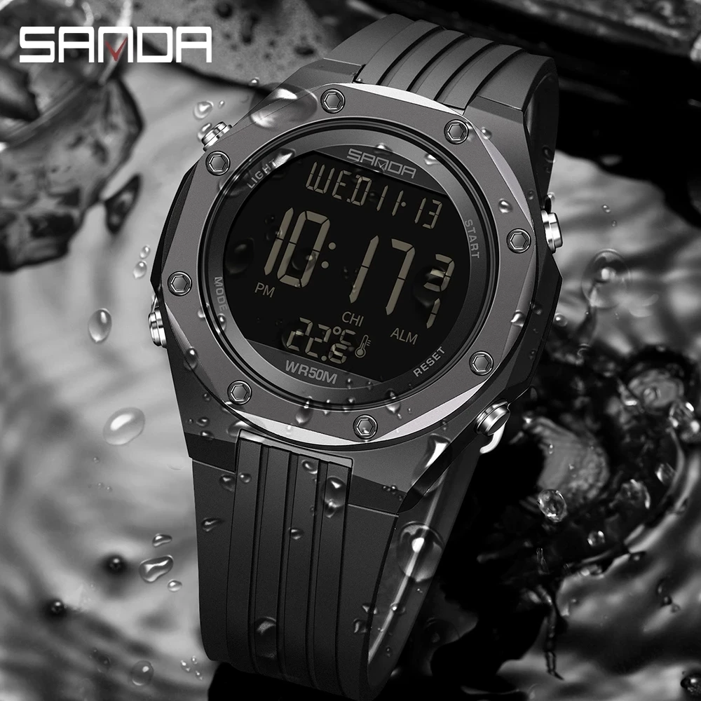 

SANDA NEW Fashion Military Men's Watches Body Temperature Monitor 50M Waterproof Sports Watch LED Electronic Wristwatches 6028