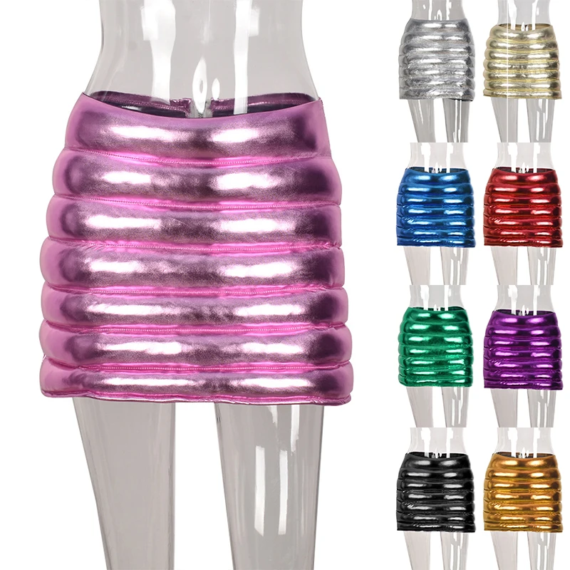 

2022 New Design Silver Metallic Shiny Puffer Skirt High Waist Short Bubble Pleated Skirt Mini Club Dresses Sexy, 9 colors