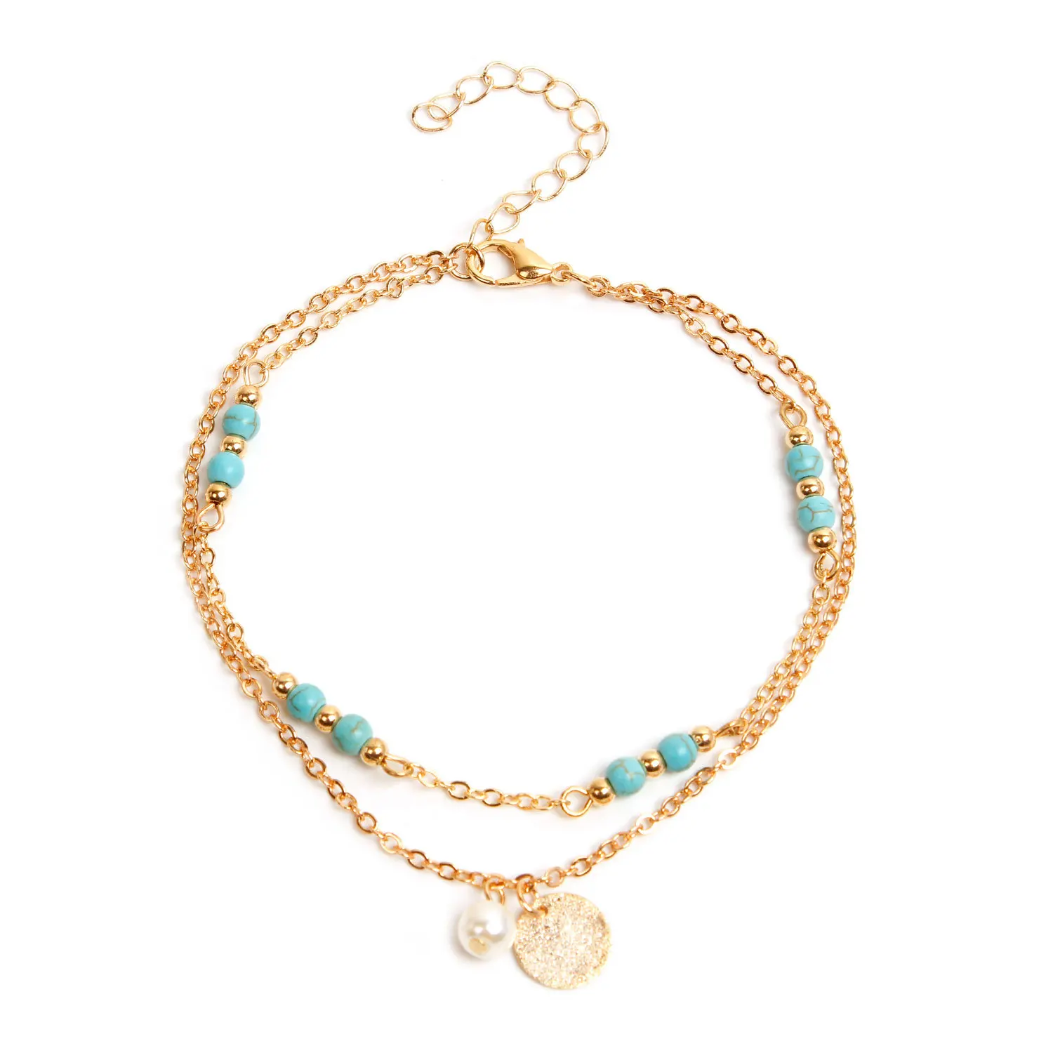 

Accessories exploded female new alloy round pendant multi - element turquoise beads chain double - layer anklet