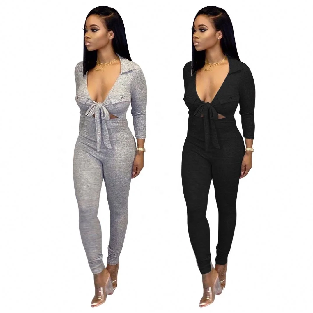 

Bs1228 Fall Winter Ladies Sexy One Piece Jumpsuit Simple Solid Color Tight Low V Lace Up Long Sleeve Pencil Pants Women