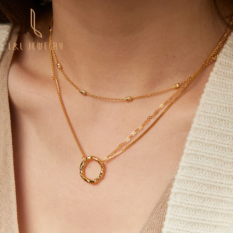 

Wholesale Trendy S925 Silver plated 18K Gold Link Chain Necklace Circle Pendant Unique Gold Necklace Jewelry Gift for woman