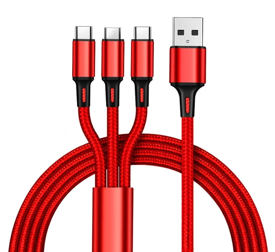 

3in1 Aluminum metal braided nylon high quality USB Data Charging cable for iphone type c micro 3 in 1 data charging usb cable, Silver,black,red,blue