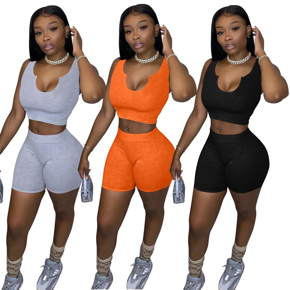 

Custom Logo Solid Color Bodycon Sexy Sleeveless V Neck Crop Top Sport Women Summer Two Piece Biker Short Set, Picture