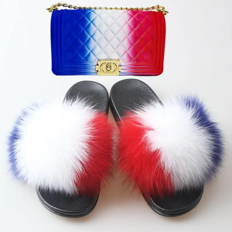 

Real Animal Fox Fur Shoes Women Crossbody Messenger PVC Bag Sets Fur Slippers, Picture