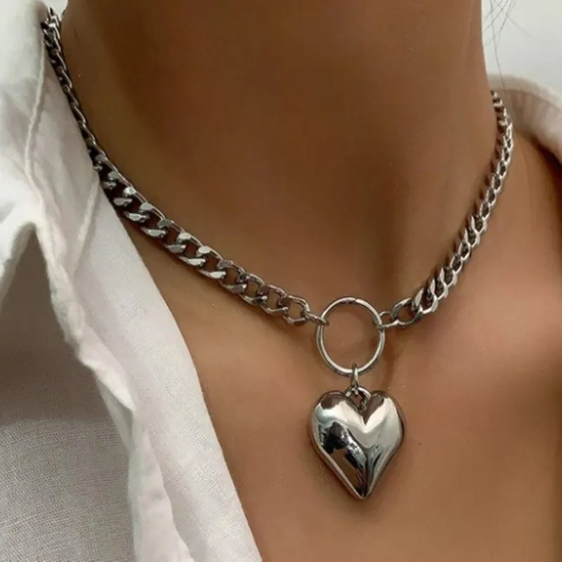

JUHU 2021 Metal thick chain necklace clavicle chain choker love jewelry necklace short for women heart pendant necklace, Golden/sliver