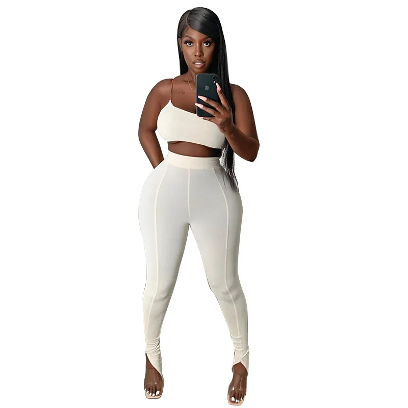 

One Shoulder Strap Crop Top Camis High Waist Slit Cut Stacked Tights Leggings Women Fitness Yoga Sportswear Two 2 Piece Set, As picture