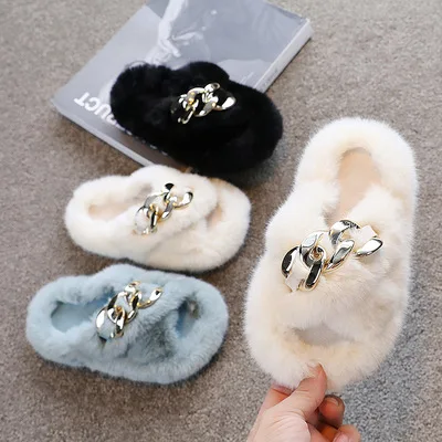 

2020 autumn winter kids slippers korean baby girl fur flat bottom fashion slipper, As picture