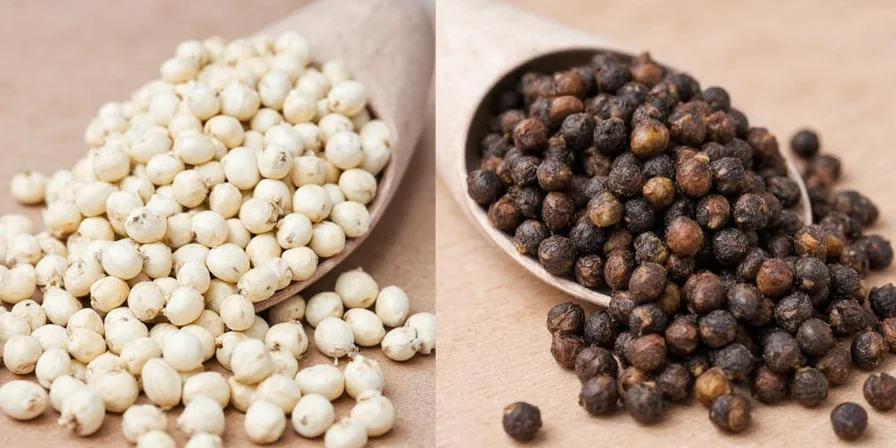 Close-up of black and white peppercorns