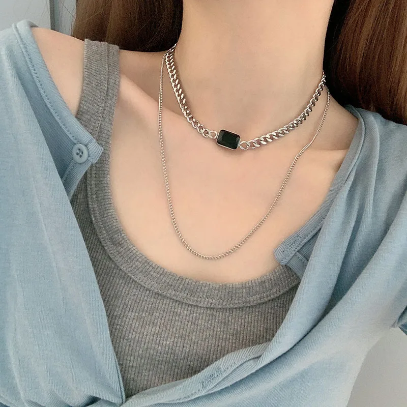 

Stainless steel retro artificial black gem double-layer necklace simple fashion cuban link chain sweater chain, Silver