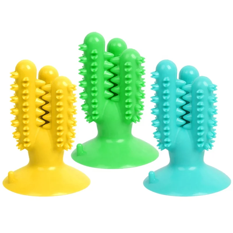 

Factory Wholesale Rubber Pet Molar Toys Dog Toothbrush Stick Cactus Interactive Dog Toothbrush Chew Toy With Suction Cup, Green/lake blue/yellow