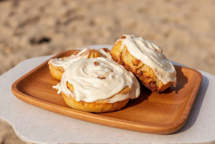 Freshly baked sticky buns at Splash Cafe in Pismo Beach with cream cheese frosting on wooden tray