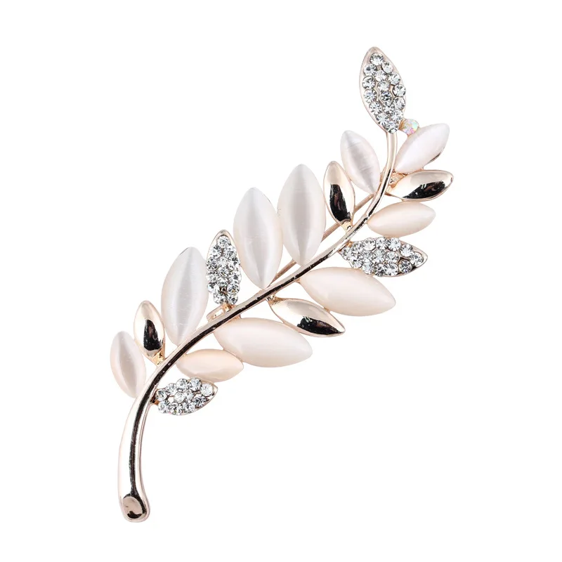 

Cymophane Cat's Eye Stone Hot Sell Fashion Women Girls Ladies Rhinestone Beautiful Crystal Leaf Shape Pin Brooch For Suit