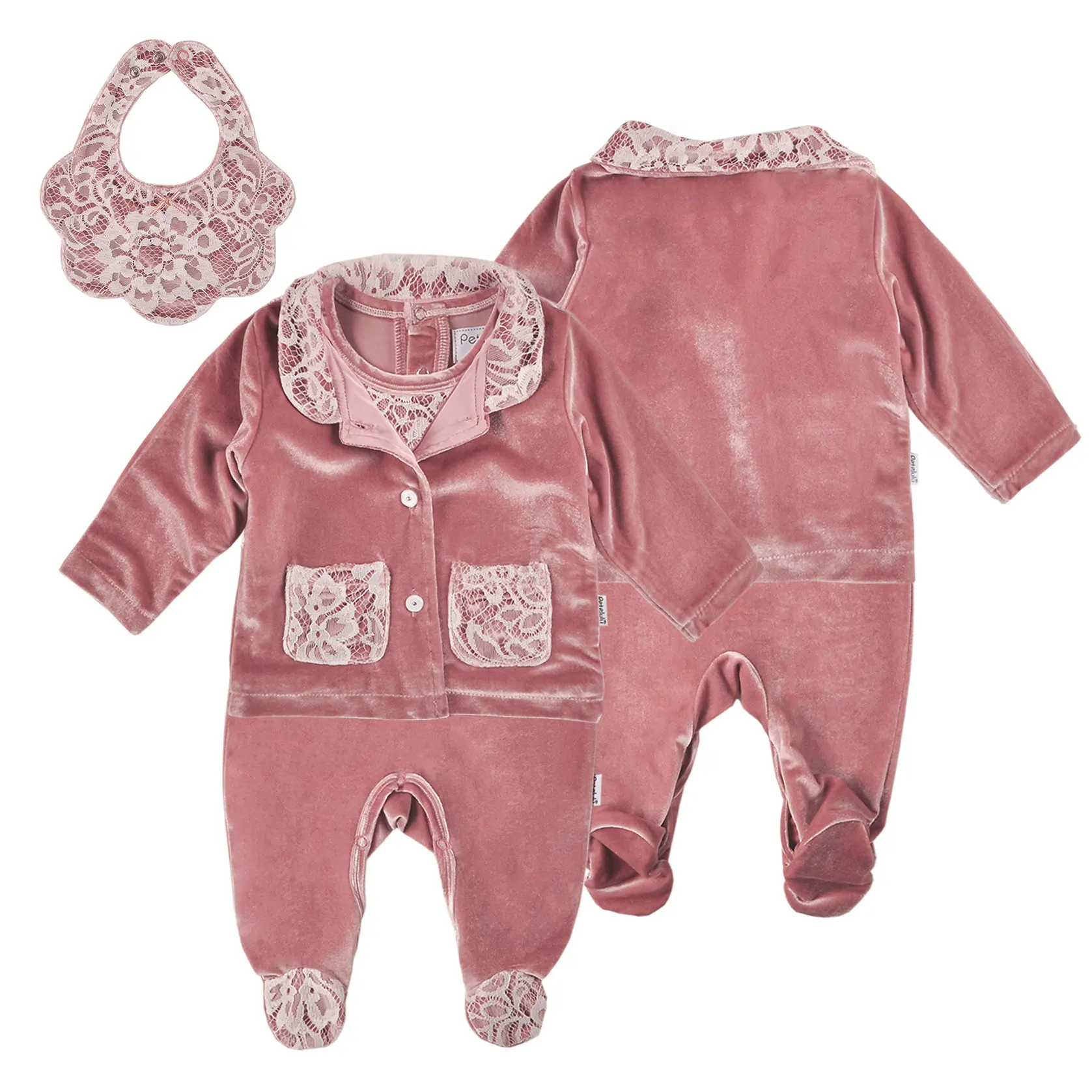 

Newborn Baby Clothing Set Baby Wear China Cotton Knitted 3pcs Newborn Pink Fashion Lace with Bib Custom