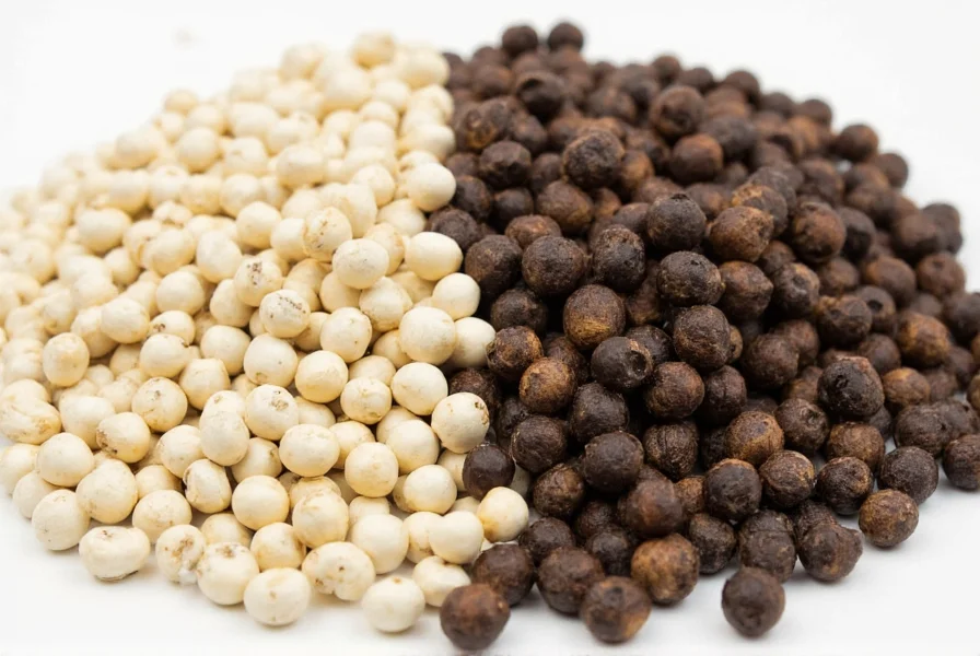 Close-up comparison of black peppercorns and white peppercorns side by side showing texture and color differences