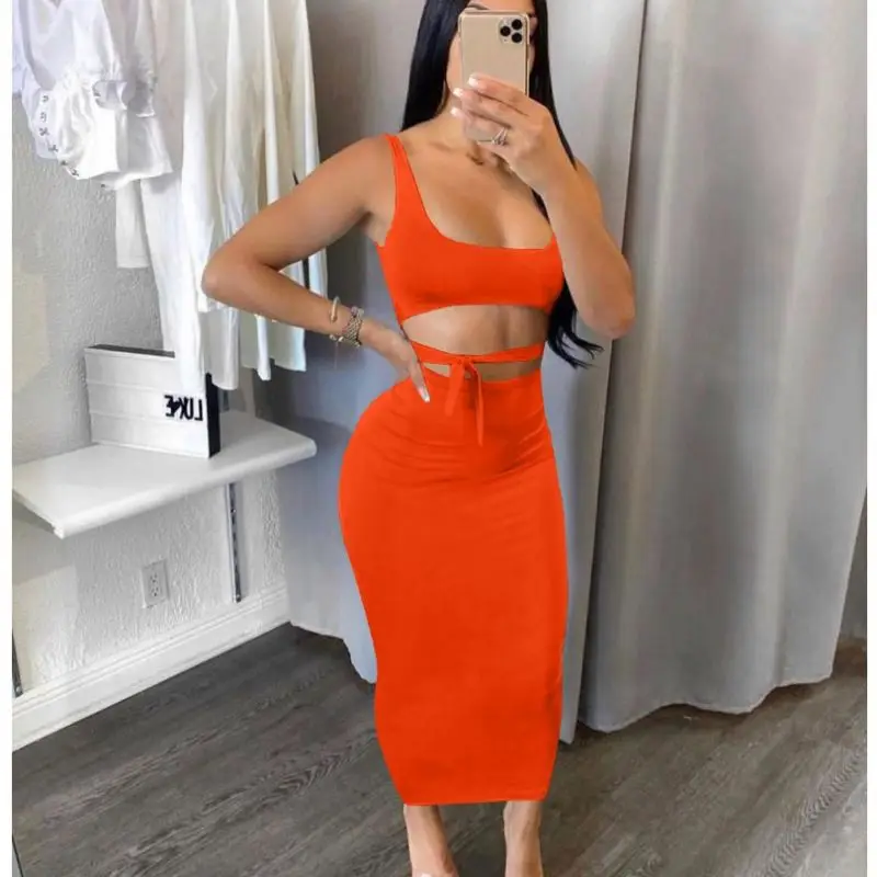 

X03004C Sexy Two Piece Set Maxi Skirt with Crop Top Summer Dress Sets Club Outfits for Women 2021 Wholesale Items, Black