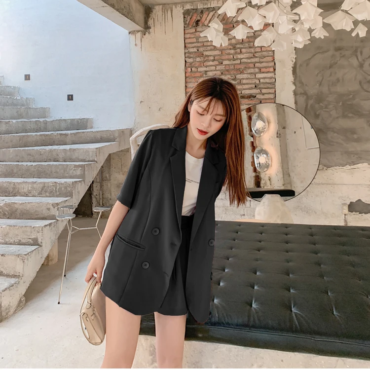 

3 Colour 2020 Summer Women Casual Loose Blazer Suits Short Sleeve Buttons Elastic Waist Shorts Two Pieces Set S08922R