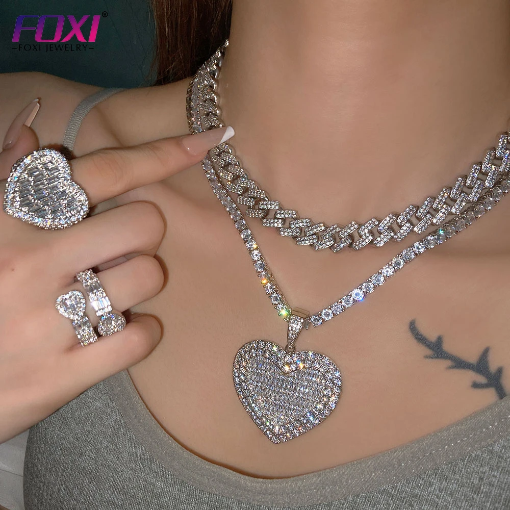 

luxury jewelry iced out gold silver cz cubic zirconia heart charm tennis necklace