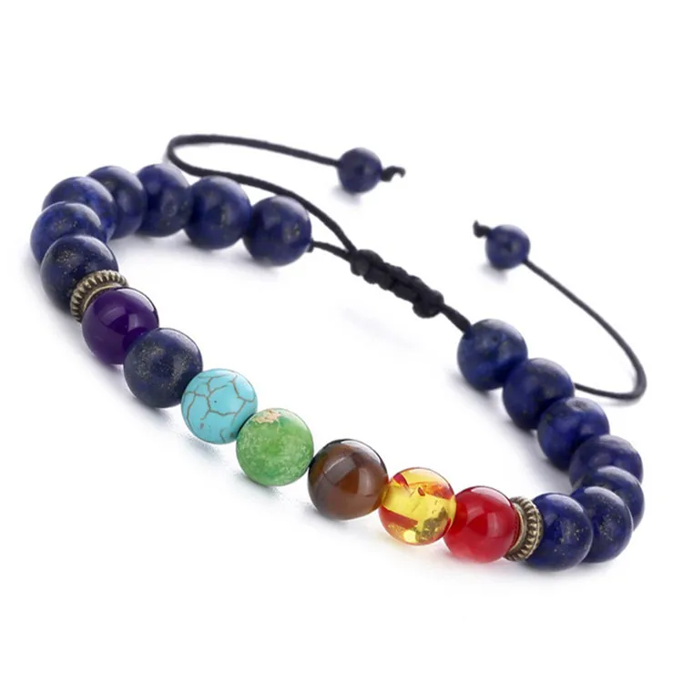 

Seven Chakra Stone Bracelet Lapis Lazuli Tiger Eye Adjustable Braided Yoga Wheel Bracelet Beaded Bracelet, Picture shows