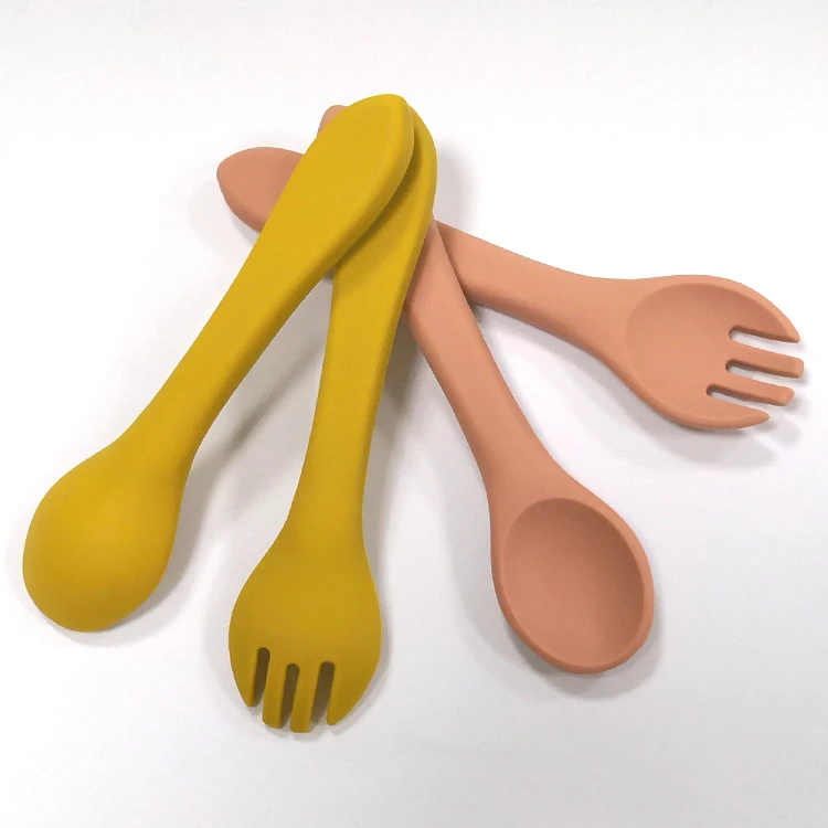 

BPA Free Food Grade Soft Rubber Toddler Silicone Soft-Tip Training Spoon Silicone Baby Fork And Spoon Set, Muted,sage,apricot,mustard,ether,dark grey etc,custom is ok.