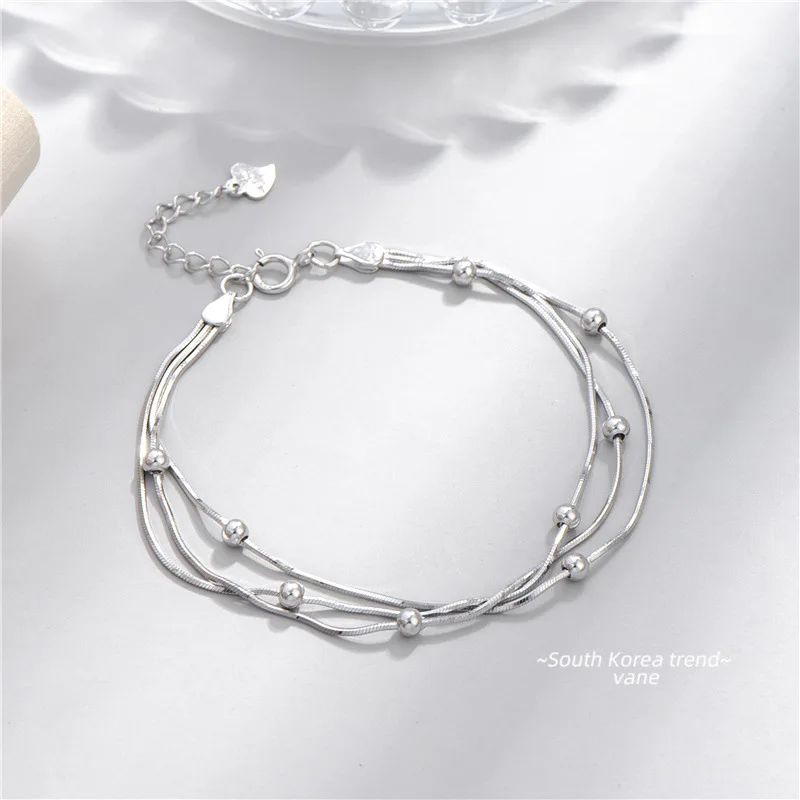 

S925 Silver Layered Snake Chain Bracelet White Gold Plated Beaded Chain 925 Sterling Silver Bracelet Jewelry
