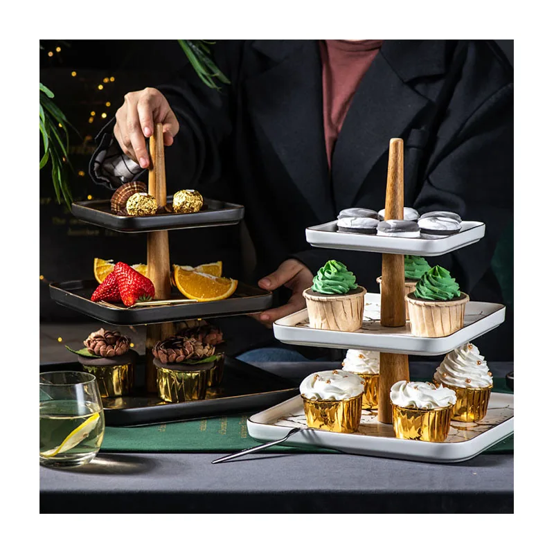 

Nordic Luxury INS Three Layer Fruit Plate Wholesale Living Room Double Layer Ceramic Afternoon Tea Cake Rack Snack Tray