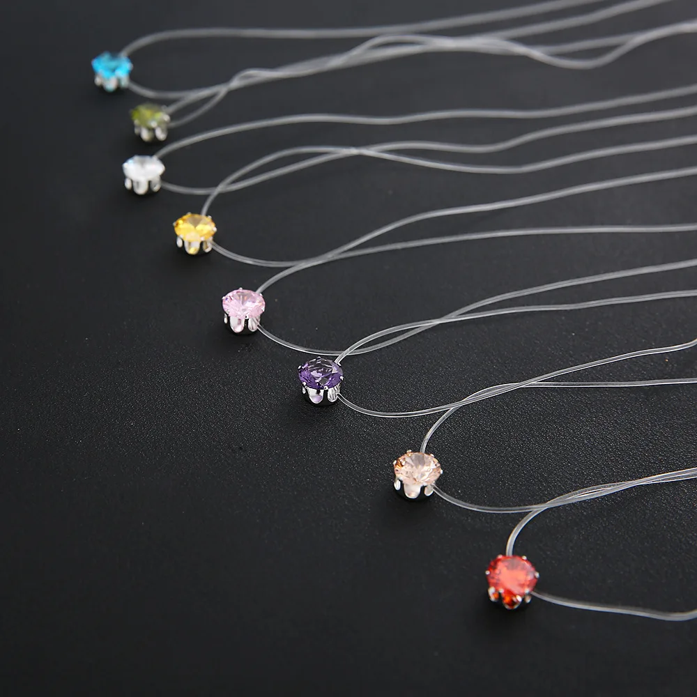 

transparent fish wire round charm zircon pendant necklace