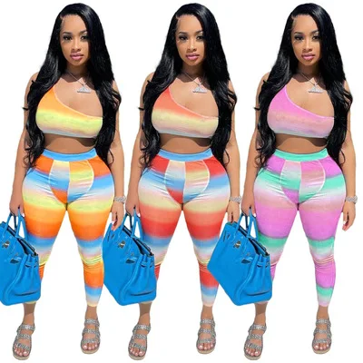 

2021 New Arrivlas Women Gradient Thread Two Piece Set Laides Crop Top Sportswear Print Casual 2 Piece Set For Women