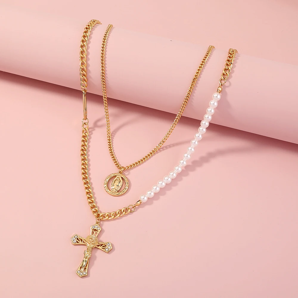 

Gold Safety Pin Charm Diamond Cross Jesus Pendant Choker Layered Cuban Link Pearl Jewelry Necklace Chain Women