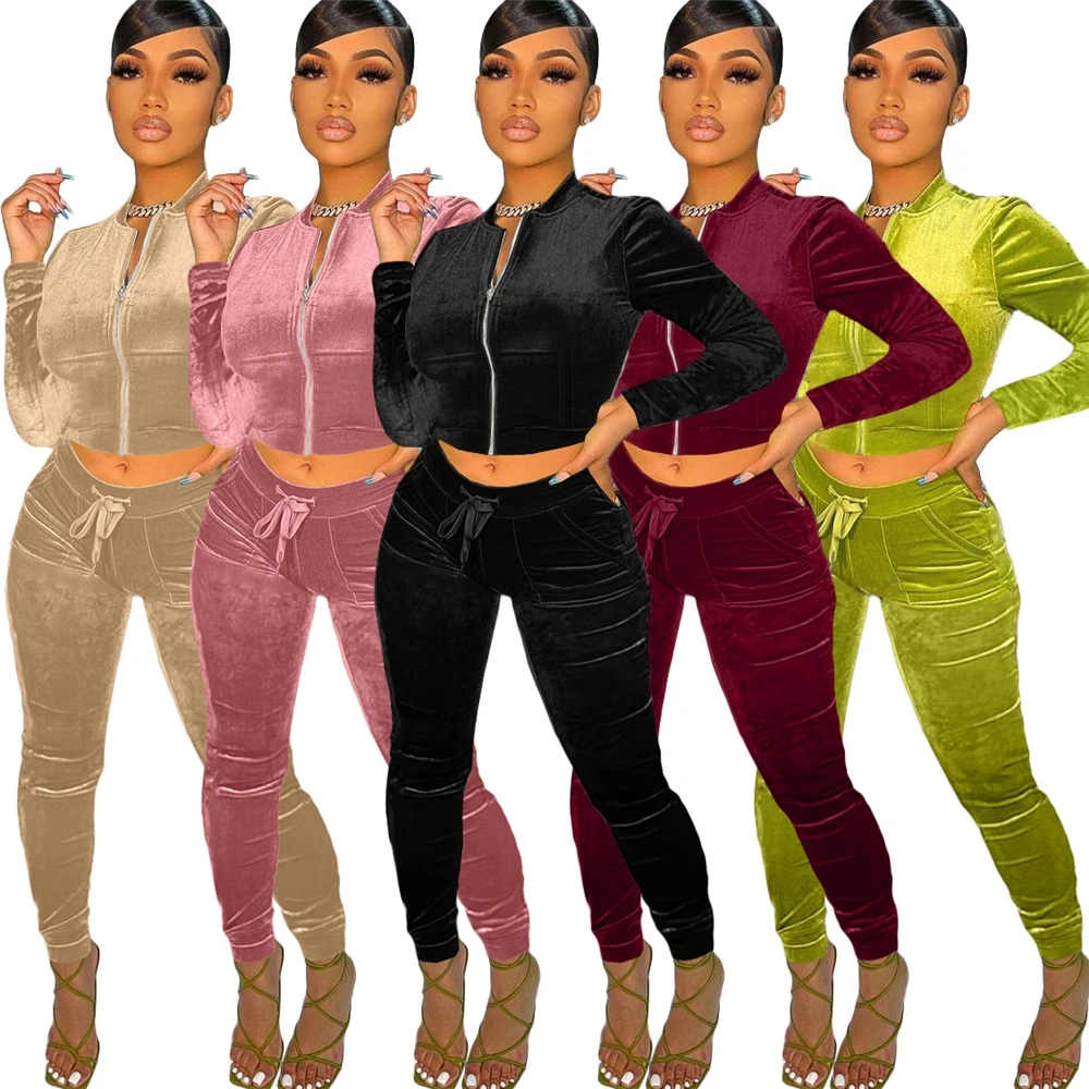 

MD-20083Velour Tracksuit Two Piece Pants Set Women Sports Wear Track Suit Cropped Tops Long Pants 2 Piece Set Women Fall Clothes