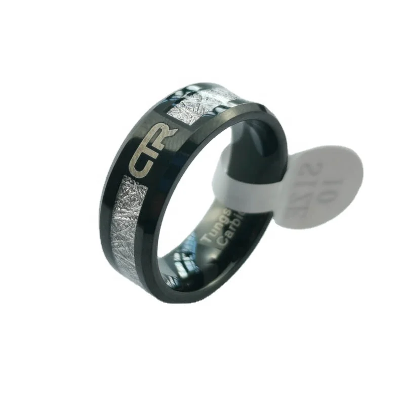 

POYA Jewelry Men's 8 mm Tungsten Ring Black Plated with Imitated Meteorite Inlay Wedding Band