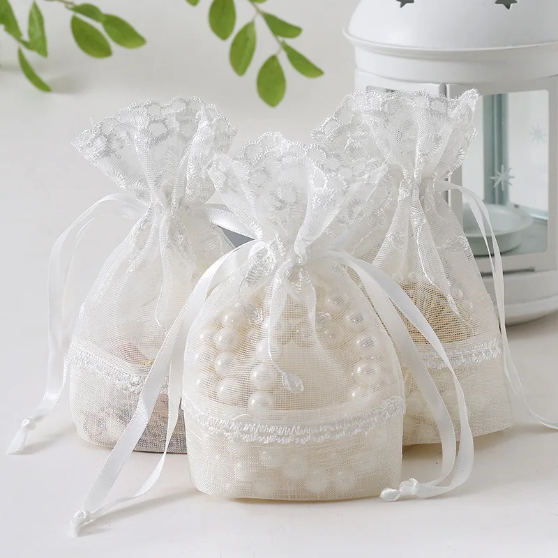 

New cross-border five-petal flower white lace yarn bag fold bottom jewelry drawstring bag creative gift slub yarn drawstring bag, As shown in the figure