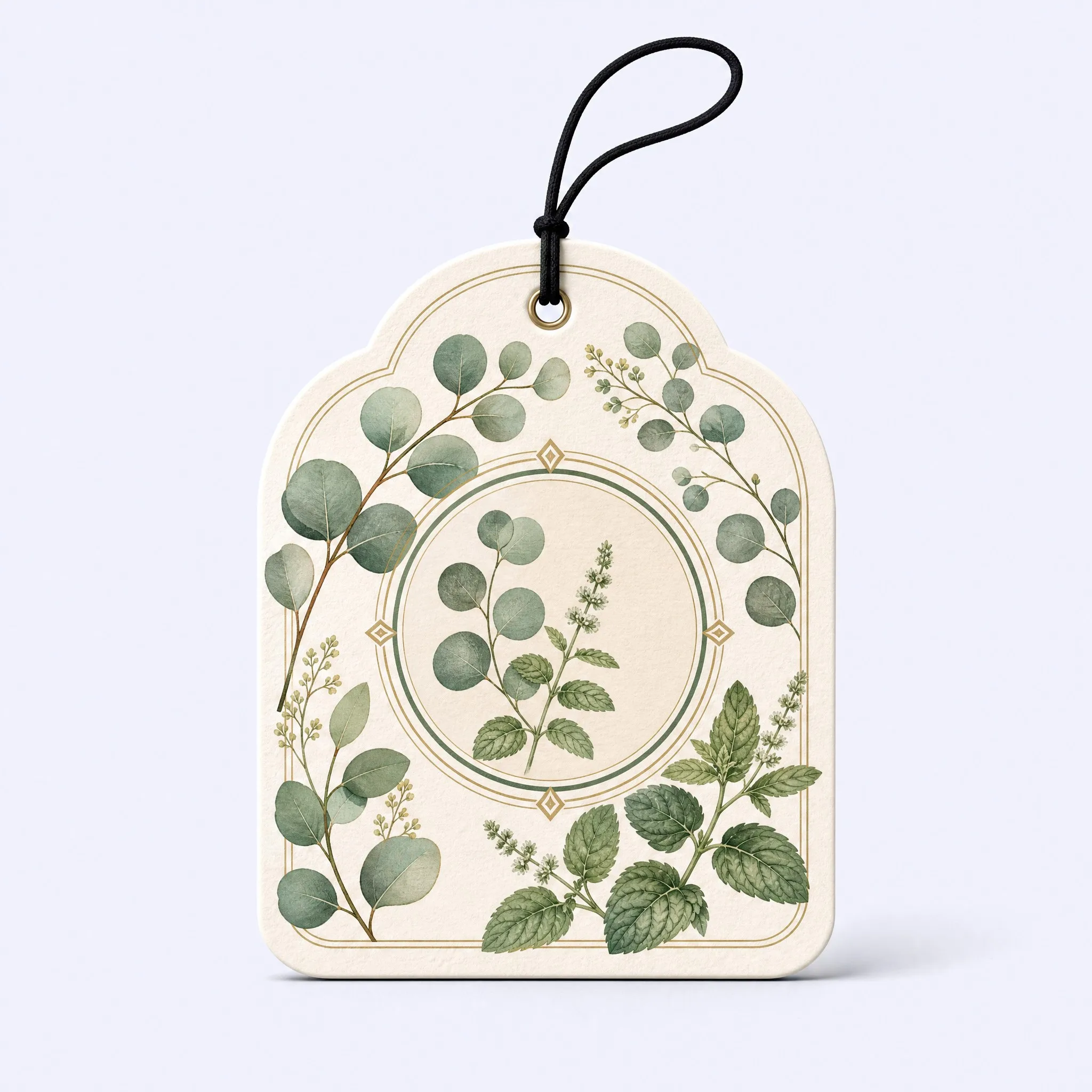 Custom Botanical Herbal Scented Car Air Freshener Front View with Arched Frame and Eucalyptus