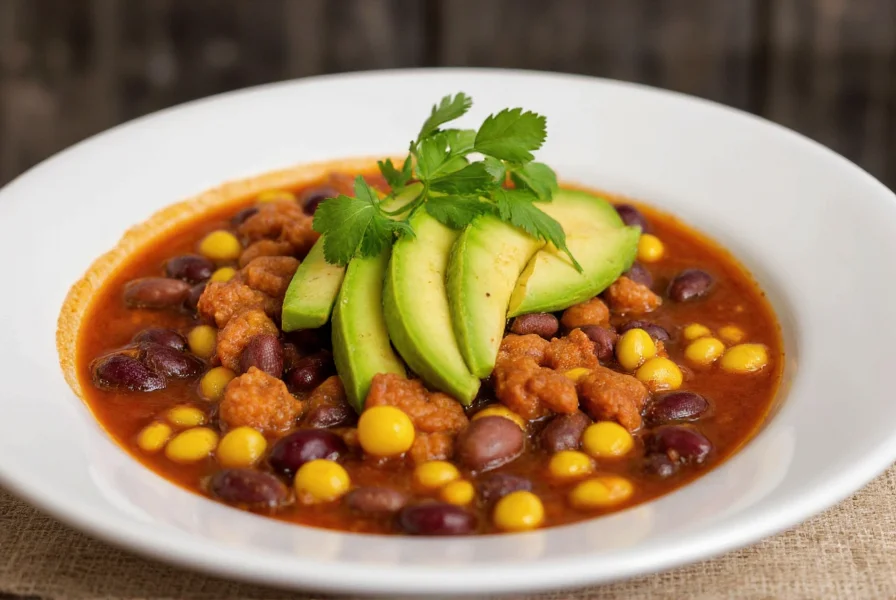 Colorful bowl of corn and black bean chili with avocado slices and cilantro garnish