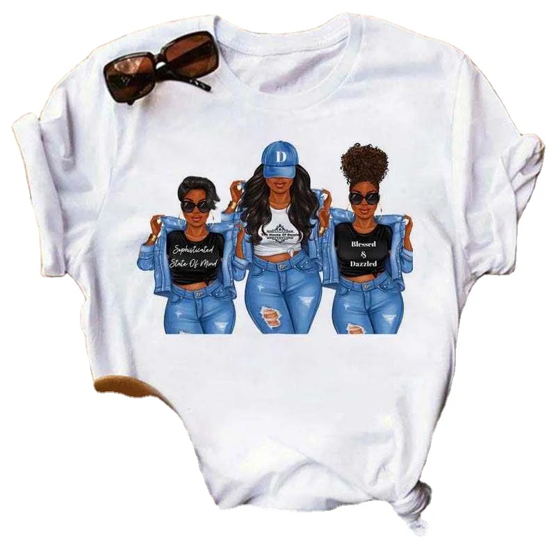 

Summer Women Black Girl Print Magic T Shirt Short Sleeve Ladies T-shirts 90s Shirt Casual Round Neck Tee, White