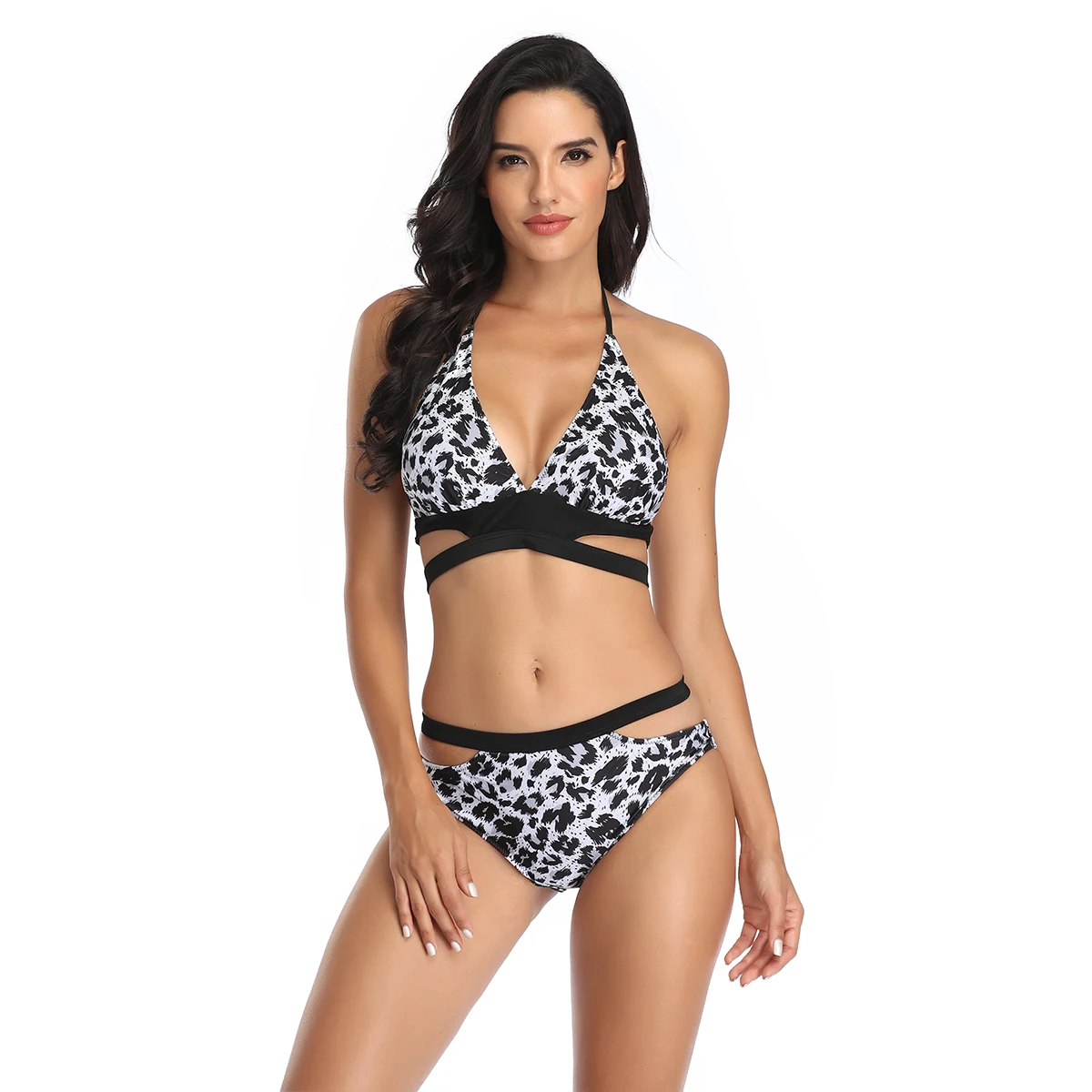 

L190 Mature Women Newest Bathing Suit White Leopard Halter Bandage Cutout Bikini