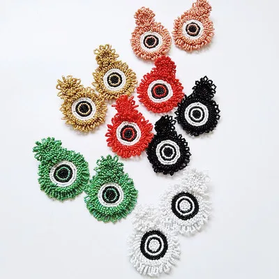 

European Exaggerated Multi Color Seed Beads Eyes Earrings Seed Beaded Evil Eyes Dangle Earrings For Women