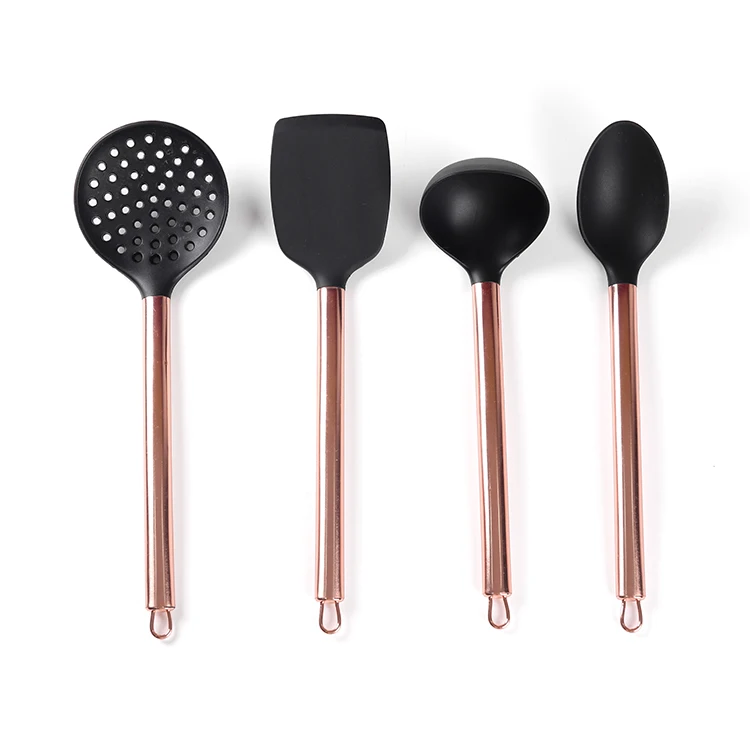 

4pcs Silicone Cooking Utensils Set With Holder Nonstick Cookware Rose Gold Handle Heat Resistant Scope Utensil Sets