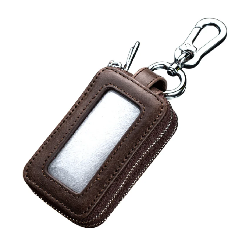 

Wholesale PU Genuine Leather Car Smart Keychain Holder Metal Hook and Keyring Zipper Bag for Remote Key Fobs, As pictures