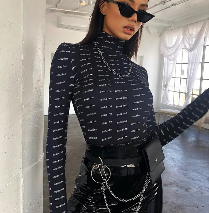 SP1431Q Women Sexy Slim  Longsleeve  Printed   Bodysuit