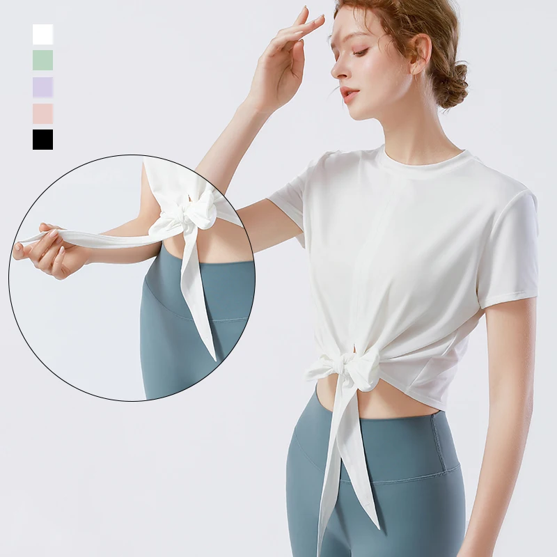 

New Trendy Women Crew Neck Yoga T-shirt Breathable Soft Fabric Knottable Design Sports Short Sleeve.