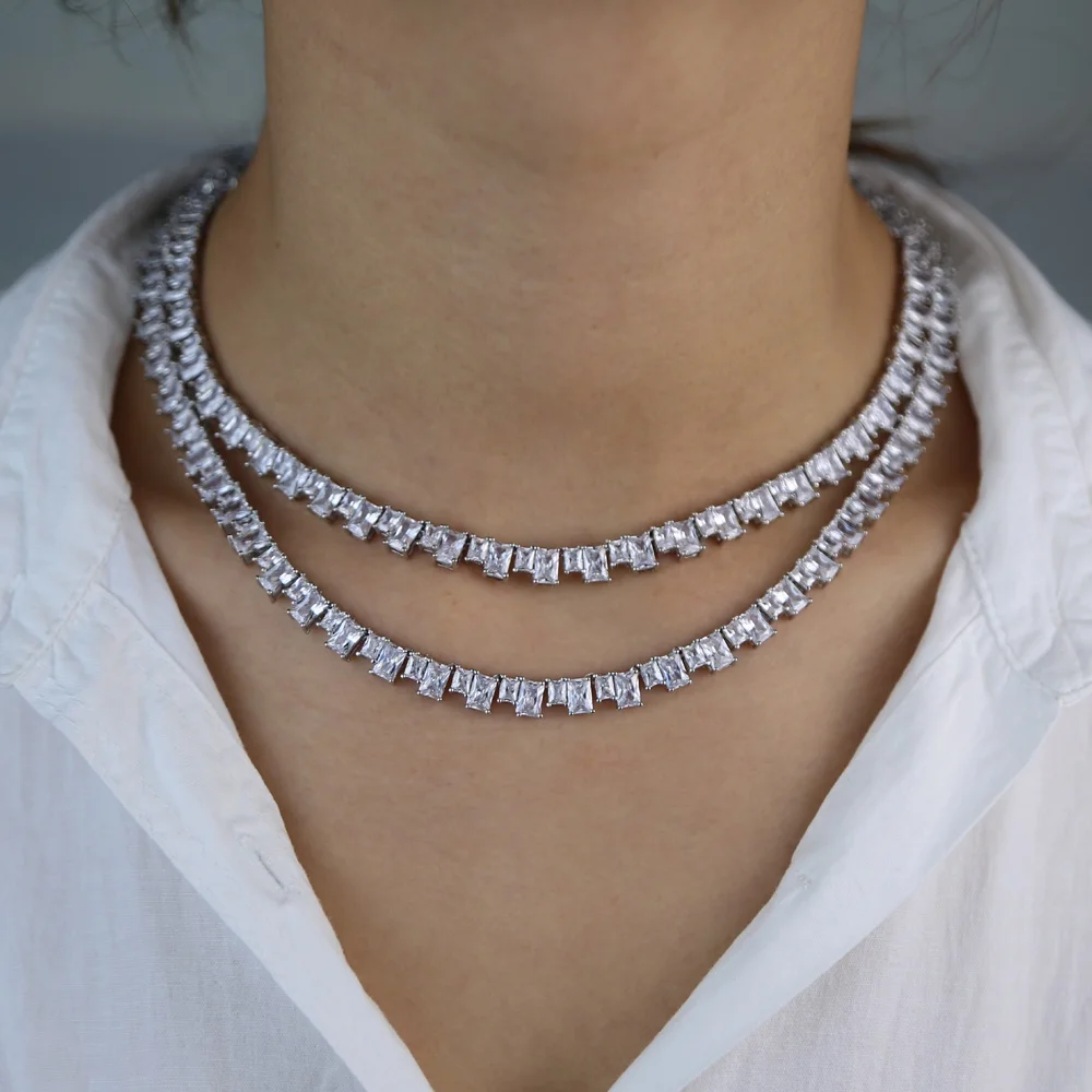 

5A iced out bling rectangle cz tennis necklace for women 16" 18", Customized