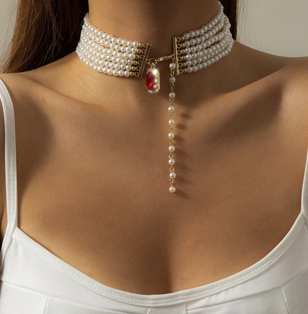 

JL Fashion Round Bead Baroque Pearl Necklace Gold Plated Ethnic Square Gem Choker Necklace, Colorful