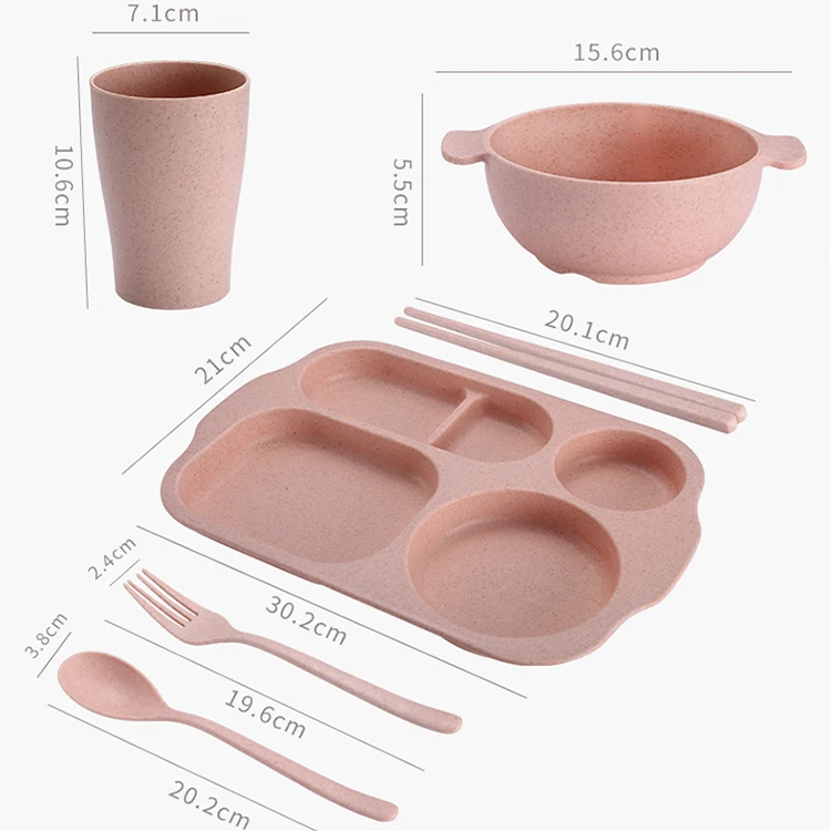 

Microwave Safe Wheat Straw Dinnerware Fiber Biodegradable Cutlery Set with Plate Bowl Cup, Beige/pink/green/purple