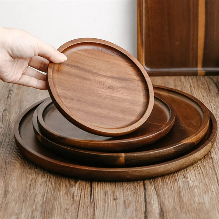 

High quality japanese style restaurant kitchenware wood dish family simple solid round wooden plate for finger foods, Chocolate