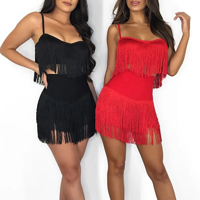 

2020 Hot Selling Female Sexy Wear Night Club Womens Crop Tube Top Two Piece Skirt Set with Tassel