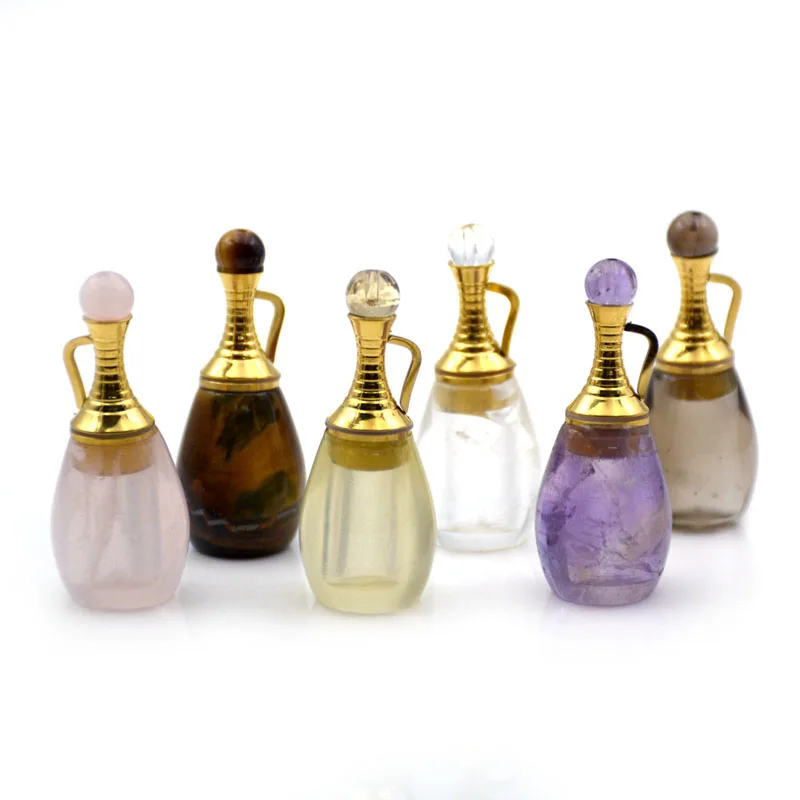 

Natural gemstone Essential Oil Diffuser Perfume Bottle Pendants stainless steel jewelry crystal quartz vial charm for necklace, Multi