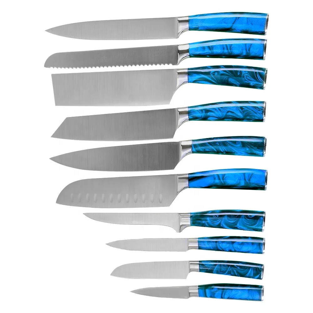 

Blue Resin Handle 10pcs Stainless Steel Knife Set Meat Vegetable New Design Handle Kitchen Knives Chef Sanding Blade Knife Set