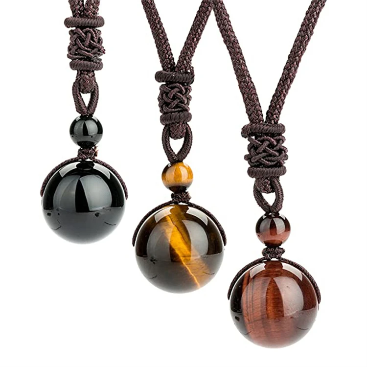 

European Fashion Men Necklace Handmade Weave Tiger Eye Stone Round Bead Natural Crystal Stone Pendant Necklace, As photo
