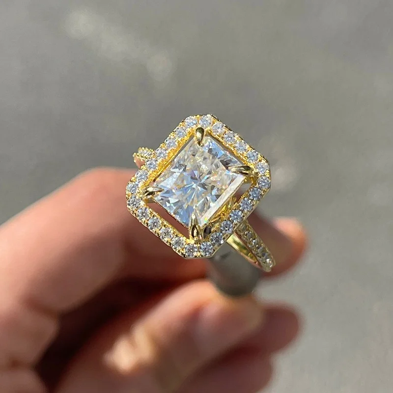 

Unique Design Women Bridal Ring 3.53 CT Radiant Pave Halo and Shank Engagement Canary Yellow Moissanite Ring