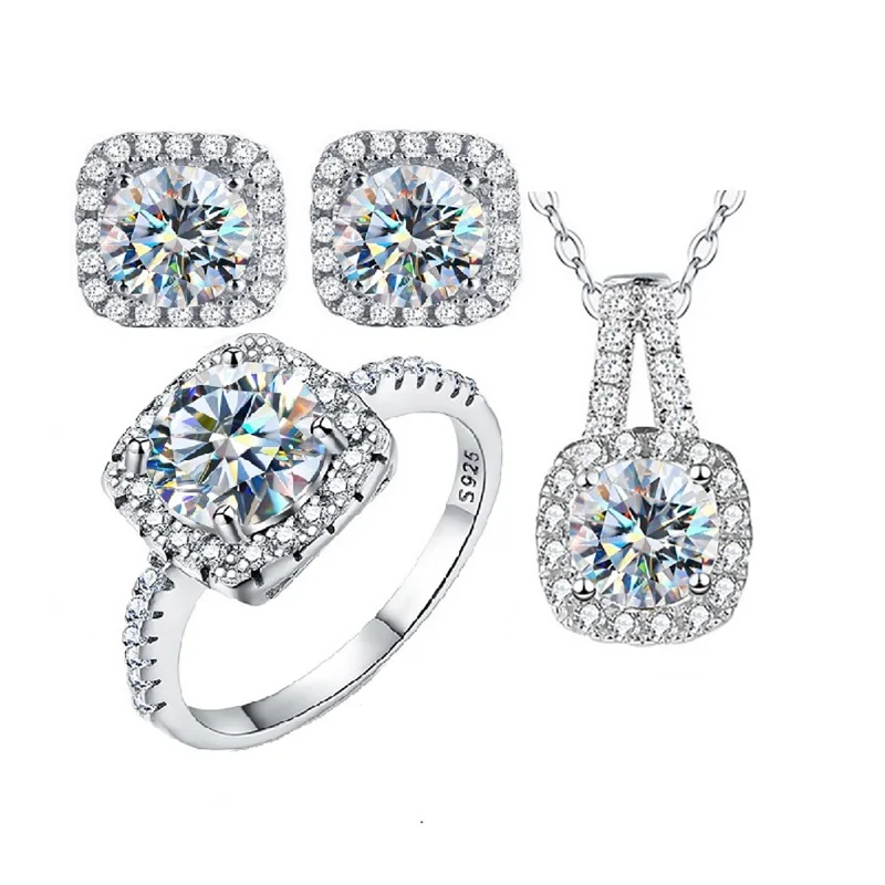 

Gra VVS1 1ct 6.5mm Moissanite Diamond square halo Earrings ring necklace 925 Sterling Silver gold women wedding fine Jewelry set